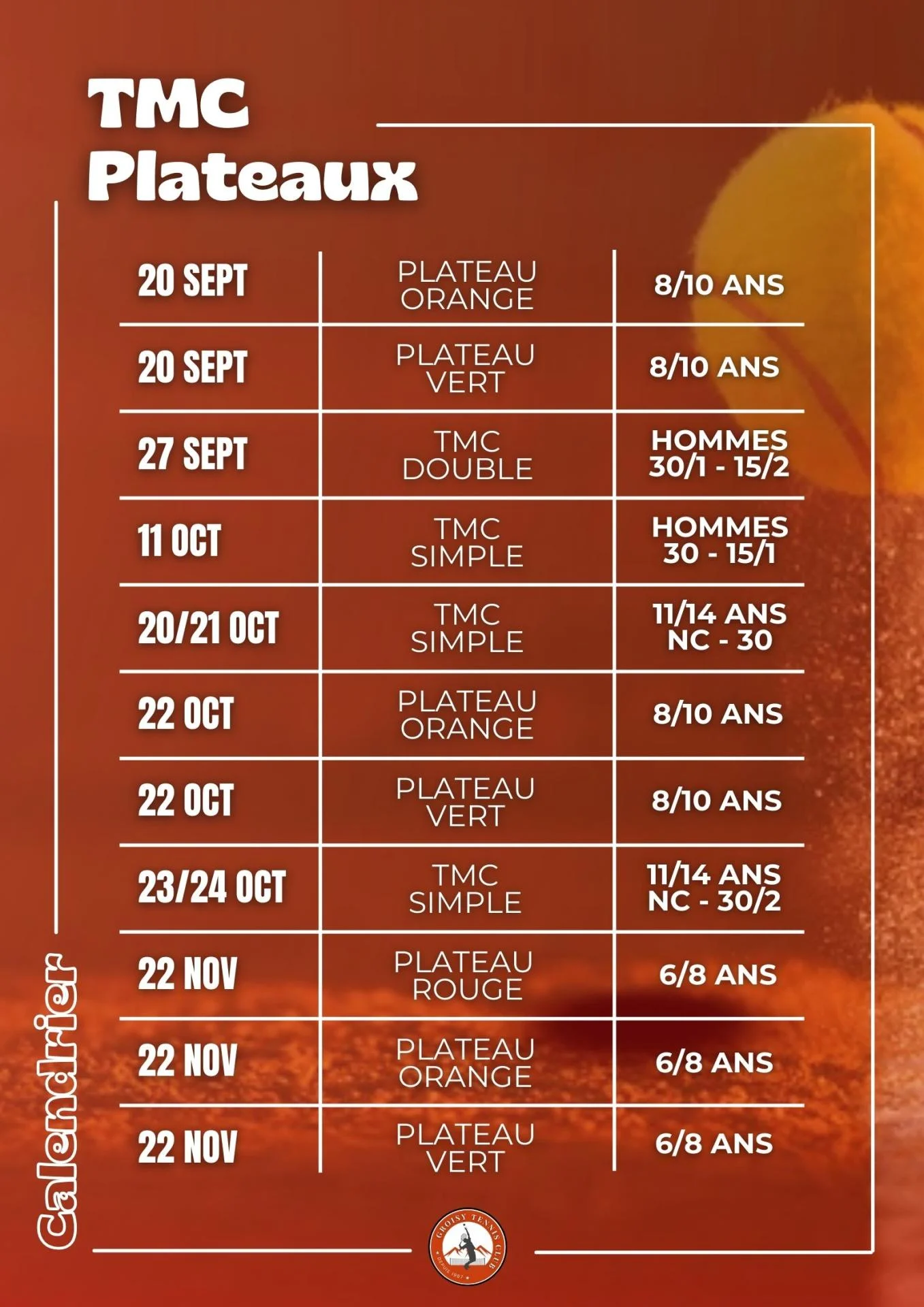 Calendrier TMC & Plateaux